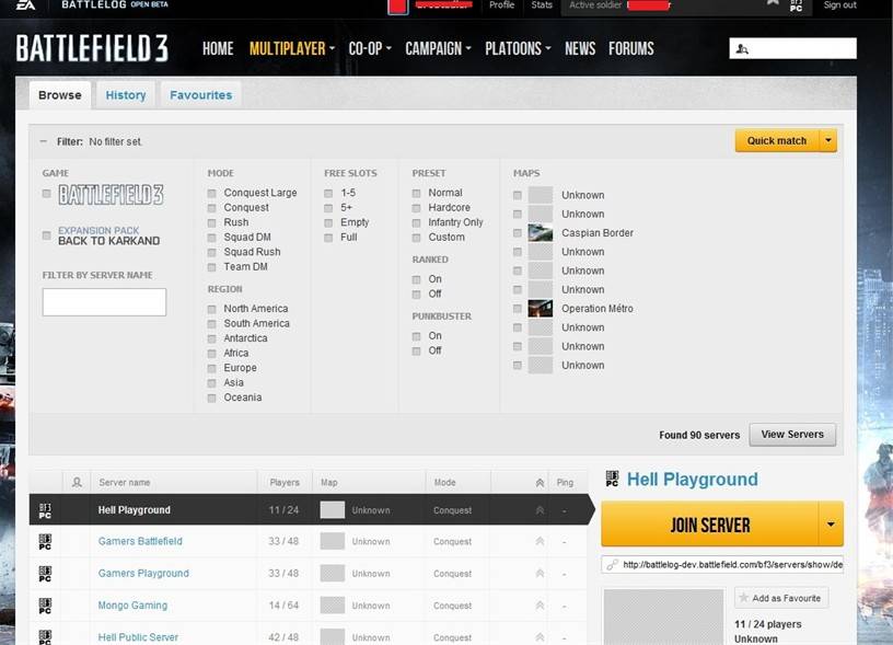 Durchgesickertes Bild des BF3 Battlelog Matchmaking
